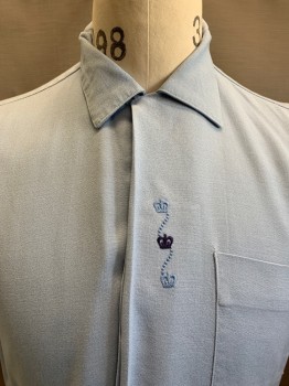 Mens, Shirt, MR. MORTS, Lt Blue, Cotton, M, C.A., Button Front, S/S, 1 Chest Pocket, Small Blue Embroidered Detail On Placket