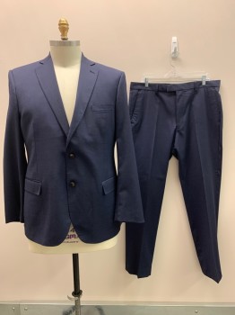 M&S COLLECTION, Navy Blue, Wool, Solid, 2 Buttons Single Breasted, Notched Lapel, 3 Pockets,
