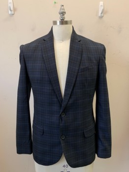 NEW LOOK, Navy Blue, Black, Polyester, Viscose, Plaid, Single Breasted, 2 Buttons, Notched Lapel, 3 Pockets,