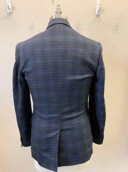 NEW LOOK, Navy Blue, Black, Polyester, Viscose, Plaid, Single Breasted, 2 Buttons, Notched Lapel, 3 Pockets,