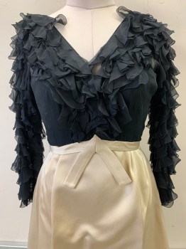 Helen Rose, Black, Beige, Polyester, Silk, Solid, L/S, V Neck, Ruffled Sleeves and Chest, Waist Band with V Cut Ribbon, Pleated, Back Zipper,