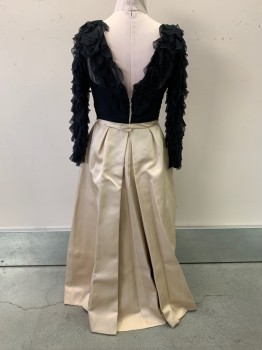 Helen Rose, Black, Beige, Polyester, Silk, Solid, L/S, V Neck, Ruffled Sleeves and Chest, Waist Band with V Cut Ribbon, Pleated, Back Zipper,