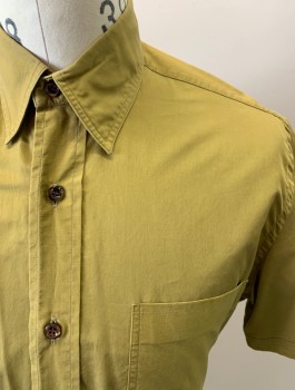 ANTO, Olive Green, Cotton, Solid, Button Front, S/S, Chest Pocket, Snap Down Collar, Tortoise Shell Buttons **Light Shoulder Burn