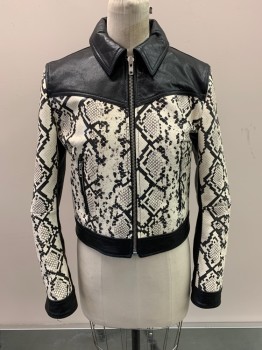 URBAN OUTFITTERS, Black, Off White, Leather, Reptile/Snakeskin, Solid Black Collar & Yoke, C.A., Zip Front, 2 Pockets