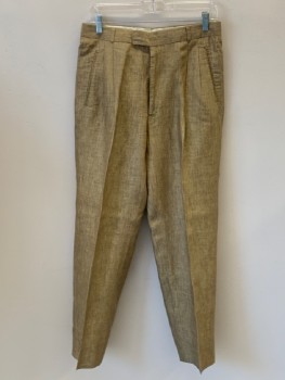 Mens, 1980s Vintage, Suit, Pants, TED LAPIDUS, Tan Brown, Linen, Heathered, 30/30, Pleated, Zip Front, 3 Welt Pockets, Multiples