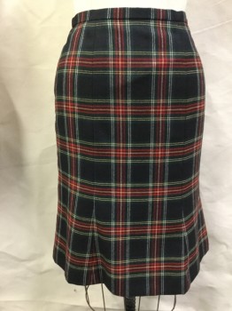 Womens, Skirt, Below Knee, JONES NEW YORK, Black, Forest Green, Red, Yellow, White, Wool, Plaid, 39h, 28w, Back Zipper, Fitted, Back Inverted Box Kick Pleat, Subtle Gores