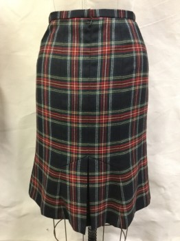 Womens, Skirt, Below Knee, JONES NEW YORK, Black, Forest Green, Red, Yellow, White, Wool, Plaid, 39h, 28w, Back Zipper, Fitted, Back Inverted Box Kick Pleat, Subtle Gores