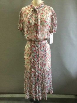 Womens, Dress, N/L, Pink, Red, Turquoise Blue, Silk, Floral, W 28, B 36, Sheer Chiffon Crepe, Attached Tie with White Piping At Neck Short Sleeve,  Stitched Down Pleats To Knee, MATCHING BELT with Snaps, Side Snap, Smocking At Shoulders