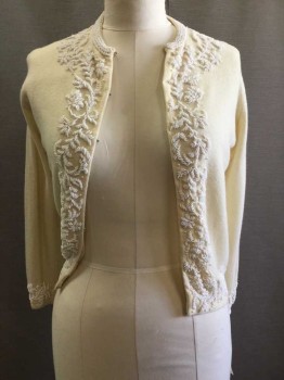 Womens, Sweater, GYN LES, Cream, White, Wool, Beaded, Solid, Floral, 36, Knit, White Seed Beads & Pearls, Hook & Eyes, Crew Neck, Lined, Cardigan