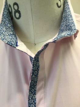 ENGLISH LAUNDRY, Lt Pink, Navy Blue, Baby Blue, White, Slate Blue, Cotton, Spandex, Floral, Light Pink, Navy with Baby Blue, White Tiny Floral Print Stripe on Inside Collar Attached, Collar Attached Trim,  Center Front, Short Sleeves Trim, Hidden Hexagon Shape Button Front,