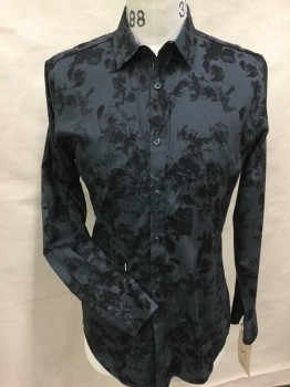 INC, Gray, Black, Cotton, Floral,  Medium Gray W/black Large Floral Print, Collar Attached, Button Front, Long Sleeves, (burned Left Shoulder and Sleeves) See Photo Attached,