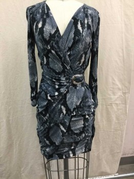 Womens, Dress, Long & 3/4 Sleeve, CACHE, Steel Blue, Black, White, Polyester, Spandex, Abstract , Reptile/Snakeskin, XS, Silver Buckle Tie, Tabbed Cuff, Gather At Sleeves, Hem Below Knee,