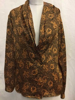 Impressions, Orange, Black, Polyester, Paisley/Swirls, Dbl Breasted, Two Buttons, Gathered Shawl Lapel, Long Sleeves,