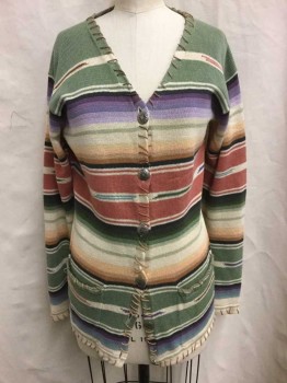 Womens, Sweater, RALPH LAUREN COUNTRY, Assorted Colors, Sage Green, Cream, Salmon Pink, Lavender Purple, Cotton, Suede, Stripes - Horizontal , Horizontal Southwestern Style Stripes, Brown Leather/Suede Oversized Blanket Stitching At Edges, Silver Southwestern Style Embossed Buttons, V-neck, 2 Pockets,