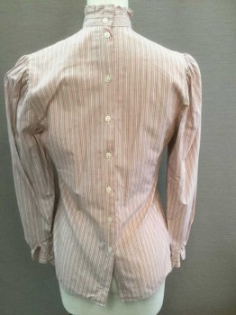N/L, Mauve Pink, White, Gray, Cotton, Stripes - Pin, Long Puffy Sleeves, Buttons In Back, Stand Collar with Pleated Edge, Horizontal Pleats Across Chest with White Crochet Lace Trim, Puff Sleeves with Gathered Shoulders, 1980's Does Edwardian