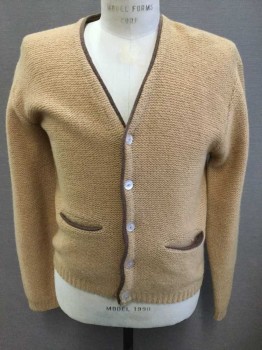 Mens, Sweater, SHETLAND WOOL, Tan Brown, Brown, Wool, Solid, M, Cardigan, Knit, Long Sleeves, V-neck, Brown Trim At Edges, 2 Welt Pockets At Hip, 5 Buttons,