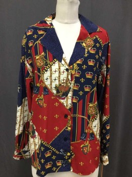 PORTS TRADEMARK, Red, Navy Blue, Gold, Purple, Yellow, Polyester, Novelty Pattern, Diamond Block W/gold Crowns & Chain Link Print, Collar Attached,  Button Front, Long Sleeves,