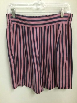 Womens, Shorts, N/L, Mauve Pink, Navy Blue, Stripes - Vertical , Culotte Shorts, High Waisted, W/Smocking At Center Back Waistband, Double Pleats, 7"Inseam, Side Pockets,