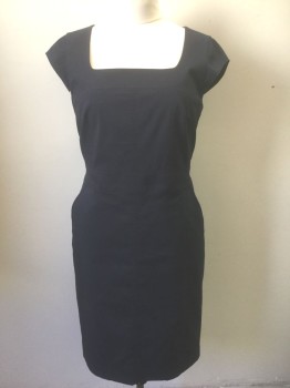 Womens, Dress, Short Sleeve, TORY BURCH, Navy Blue, Cotton, Polyester, Solid, 12, Solid Navy, Cap Sleeve, Low Square Neck, Pencil Fit, 2 Side Pockets, Various Panels/Seams Throughout, Invisible Zipper at Center Back