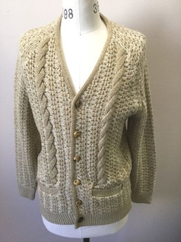 Mens, Sweater, N/L, Beige, White, Acrylic, Speckled, C42, L, Cardigan, Speckled Ribbed Knit, with Cabled Stripes on Either Side, Long Sleeves, V-neck, 6 Buttons, 2 Welt Pockets