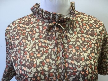 N/L, Brown, Beige, Orange, Peach Orange, Polyester, Floral, Round Neck with Small Ruffles & Self Thin Tie at Neck Center Front, Short Sleeves, Elastic Hem, Zip Back,