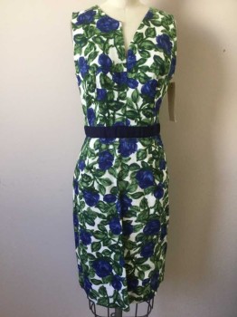 Womens, Dress, Sleeveless, MILLY, Green, White, Royal Blue, Moss Green, Silk, Floral, 4, V-neck, Zip Back, Sleeveless, Fitted with Nice Draping, Navy Cotton Binding Applique Waistband,