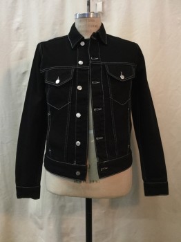 Mens, Jean Jacket, SANDRO, Black, Cotton, Solid, S, Black, White Stitching, Button Front, Collar Attached, 4 Pockets,