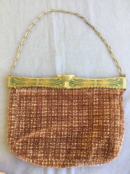 Womens, Purse, N/L, Tan Brown, Maroon Red, Brass Metallic, Teal Blue, Cotton, Metallic/Metal, Abstract , Geometric, 7", 8", Reproduction Hardware and Strap, Chenille Fabric