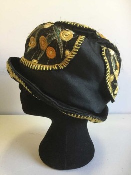 Womens, Hat, MTO, Black, Gold, Yellow, Green, Silk, Floral, 23", Machine Floral Embroidery on Circles Applied to the Hat, Cloche, Flapper, Bobbed Hair, Downton Abbey, Roaring 20s,