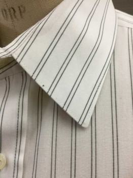 Mens, Dress Shirt, WINDRIDGE, White, Gray, Polyester, Cotton, Stripes - Pin, 17.5, Short Sleeve,  Button Front, 1 Pocket,