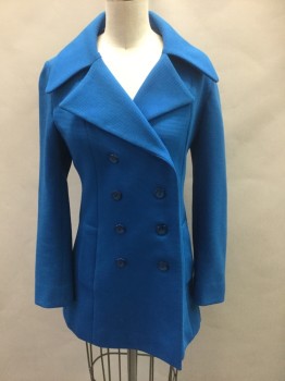 Womens, 1970s Vintage, Suit, Jacket, BOUTIQUE EAST, Blue, Polyester, Solid, B:32, Cerulean Blue Horizontally Ribbed Poly, Double Breasted, Wide Lapel, 2 Welt Pockets, No Lining,