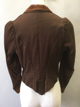 N/L, Brown, Chestnut Brown, Wool, Cotton, Solid, Stripes - Vertical , Ribbed Wool, with Chestnut Brown Crochet Trim at Lapel, Long Sleeves, Collar/Lapel in 2 Layers, Many Fabric Covered Buttons at Front, Leg O'Mutton Sleeves, **Has Sun Fading at Shoulders, Some Buttons at Front Have Fabric Worn Off, Some Moth Holes Sporadically Throughout,