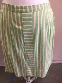 Womens, Skirt, LANDS END, White, Green, Cotton, Stripes, W:39, Straight Skirt, Back Zipper, Green and White Vertical Stripes with a Center Horizontal Stripe Panel,