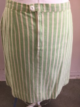 LANDS END, White, Green, Cotton, Stripes, Straight Skirt, Back Zipper, Green and White Vertical Stripes with a Center Horizontal Stripe Panel,