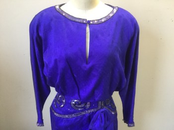 NL, Purple, Silver, Clear, Polyester, Leaves/Vines , Novelty Pattern, Purple/blue with Self Leaf Print, Sequined and Tube Beading Applique, Boat Neck with Button, Key Hole, 3/4 Sleeves, Blousy Top, Applique Waist, Draped Front with Bow, Button Back and Zipper, Shoulder Pads