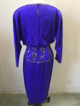 NL, Purple, Silver, Clear, Polyester, Leaves/Vines , Novelty Pattern, Purple/blue with Self Leaf Print, Sequined and Tube Beading Applique, Boat Neck with Button, Key Hole, 3/4 Sleeves, Blousy Top, Applique Waist, Draped Front with Bow, Button Back and Zipper, Shoulder Pads