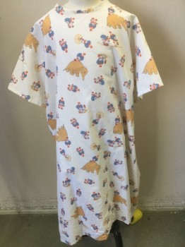 Unisex, Child, Patient Gown, NL, White, Orange, Blue, Red, Cotton, Novelty Pattern, L, Circus Print, Short Sleeves, Crew Neck, Back Ties