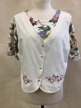 CAPACITY, White, Dusty Blue, Forest Green, Pink, Wine Red, Cotton, Floral, Solid, Round Neck,  Short Sleeves, Attached Vest Front with Embroidery and Self Covered Buttons, Over Floral Front T-shirt with Solid Back, Boxy and Cropped