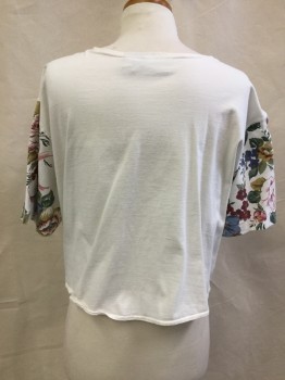 Womens, Top, CAPACITY, White, Dusty Blue, Forest Green, Pink, Wine Red, Cotton, Floral, Solid, M, Round Neck,  Short Sleeves, Attached Vest Front with Embroidery and Self Covered Buttons, Over Floral Front T-shirt with Solid Back, Boxy and Cropped
