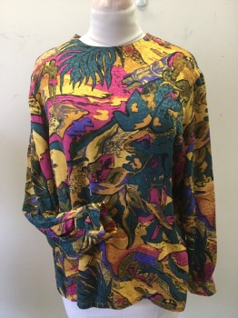 Womens, Blouse, N/L, Teal Blue, Hot Pink, Olive Green, Mustard Yellow, Purple, Silk, Novelty Pattern, M/L, B38, Tropical Tahitian Abstract Print on Silk Jacquard Crew Neck, Long Sleeves, Button Back Closure Front,