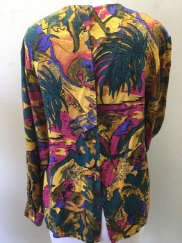 Womens, Blouse, N/L, Teal Blue, Hot Pink, Olive Green, Mustard Yellow, Purple, Silk, Novelty Pattern, M/L, B38, Tropical Tahitian Abstract Print on Silk Jacquard Crew Neck, Long Sleeves, Button Back Closure Front,
