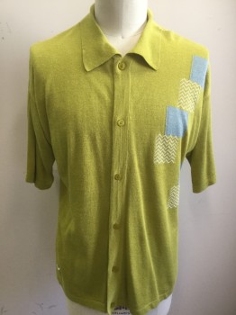 GSL, Lime Green, Dusty Blue, White, Ramie, Cotton, Geometric, Solid, Shirt Style, Button Front, Collar Attached, Short Sleeves, Knit, Cube Pattern on Left Side, Embroidery 'GSL" at Right Hip, Retro 1950s