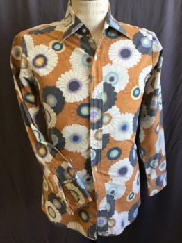 CLOTHES HORSE INC, Lt Brown, White, Purple, Black, Black, Cotton, Polyester, Floral, Collar Attached, Button Front, Long Sleeves, Late 1960's