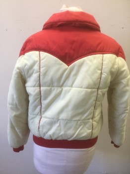 Womens, Jacket, ASPEN, Ecru, Red, Nylon, Solid, L, Puffer Jacket, Ecru with Red Accents at Collar, Shoulders, Outer Sleeves & Waistband, Quilted Nylon, Zip Front, Collar Attached, 2 Pockets,