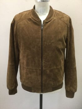 Mens, Leather Jacket, BLANKNYC, Brown, Suede, Cotton, Solid, L, Brown Suede, Zip Front, Rib Knit at Neck, Waistband and Cuffs, 2 Welt Pockets