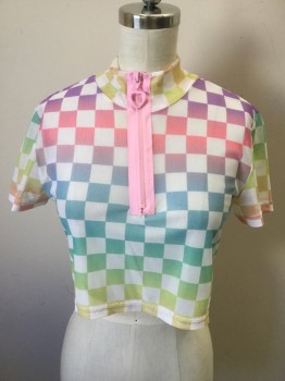 Womens, Top, SUGAR THRILLZ, White, Pink, Purple, Green, Blue, Nylon, Check , M, Mesh, Multi Color Check Pattern, Short Sleeves, Stand Collar, 1/2 Pink Zipper Front, Crop
