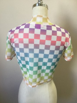 Womens, Top, SUGAR THRILLZ, White, Pink, Purple, Green, Blue, Nylon, Check , M, Mesh, Multi Color Check Pattern, Short Sleeves, Stand Collar, 1/2 Pink Zipper Front, Crop