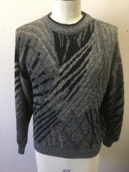 KENNINGTON, Gray, Black, Taupe, Nylon, Wool, Abstract , Knit, Pull Over, Long Sleeves, Crew Neck,