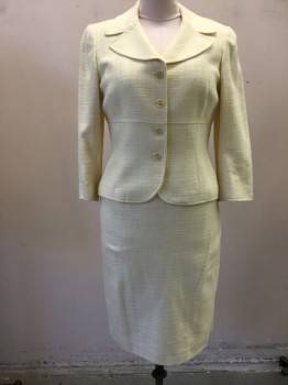 TAHARI, Lemon Yellow, Cotton, Polyester, Solid, Single Breasted, Wide Collar Attached, Wide Lapel, Basketweave, 3/4 Sleeve, Waist Seam