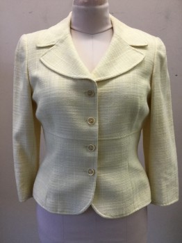 Womens, Suit, Jacket, TAHARI, Lemon Yellow, Cotton, Polyester, Solid, 8, Single Breasted, Wide Collar Attached, Wide Lapel, Basketweave, 3/4 Sleeve, Waist Seam